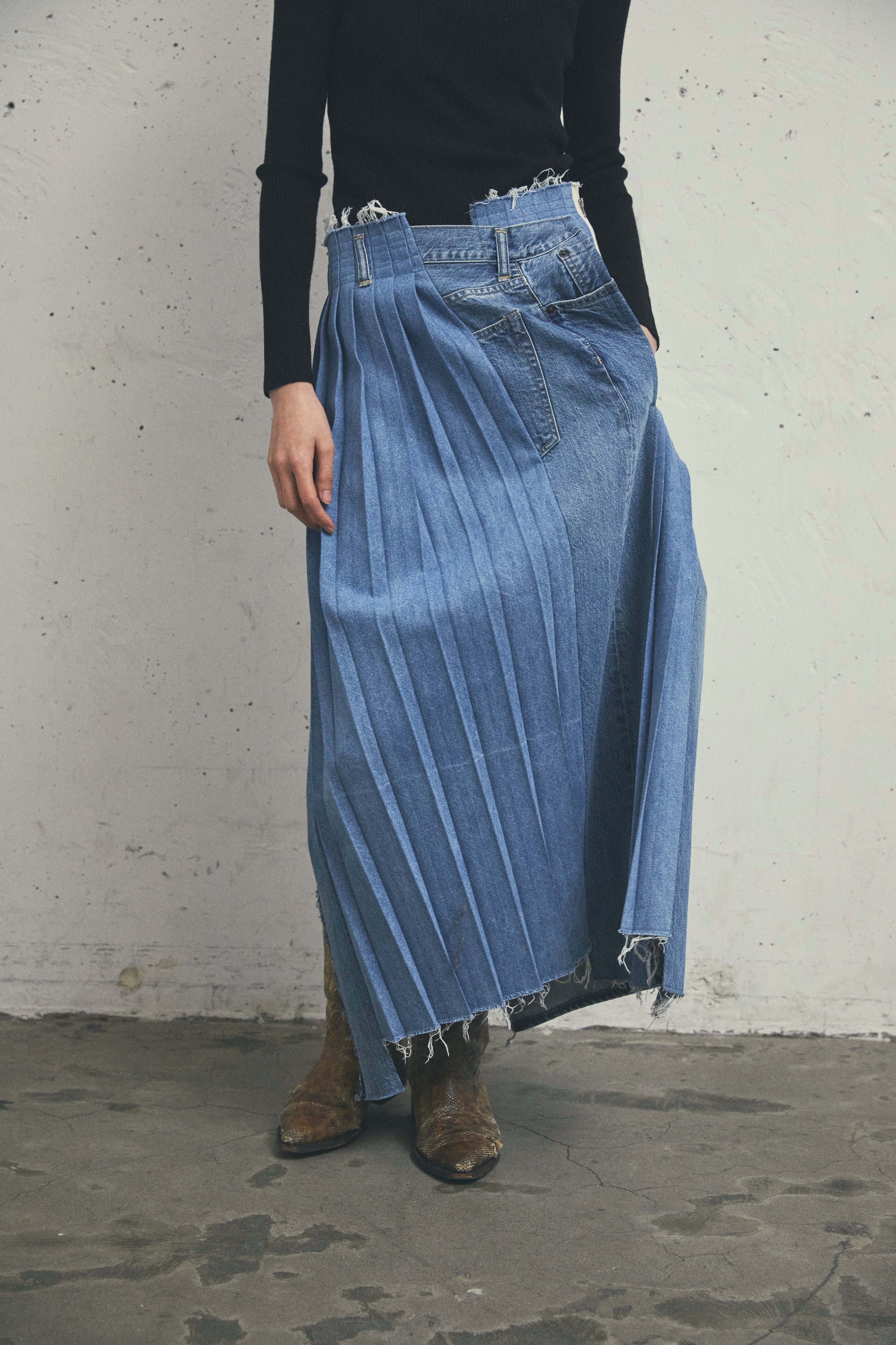 古着リメイク　デニム　サロペット　ティアード　ボリューム　ロングスカート REMAKE DENIM MARK VI SKIRT